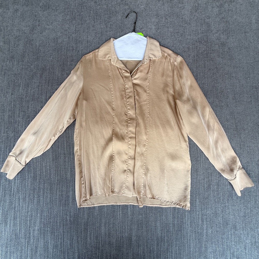 Womens Shirt Top Beige Satin Long Sleeve Neutral Minimalist Collared Button Up